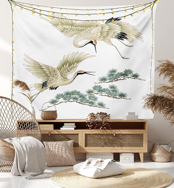 Lunarable Bird Tapestry Twin Size, 2 Japanese Cranes Flying Traditional Painting Style Far Eastern Illustration, Wall Hanging Bedspread Bed Cover Wall Decor, Twin Size, Ivory Green Black