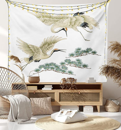 Lunarable Bird Tapestry Twin Size, 2 Japanese Cranes Flying Traditional Painting Style Far Eastern Illustration, Wall Hanging Bedspread Bed Cover Wall Decor, Twin Size, Ivory Green Black