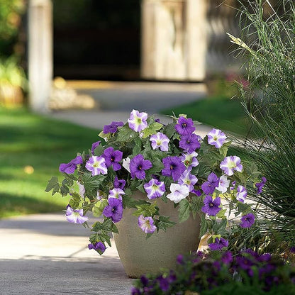 Artificial Fake Flowers Plants for Outdoor Decoration, 2PCS Faux Petunias Silk Flower UV Resistant No Fade for Home Outside Garden Balcony Yard Porch Realistic Indoor Decor (Purple White)