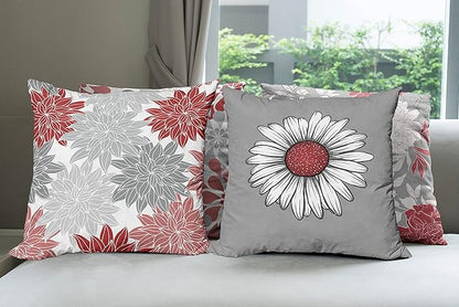 Ambesonne Floral Throw Pillow Cushion Case Pack of 4, Flower Petals Modern Color Palette Chamomile Peony Dahlia and Sunflower Print, Modern Accent Double-Sided Digital Printing, 16", Grey Dark Pink