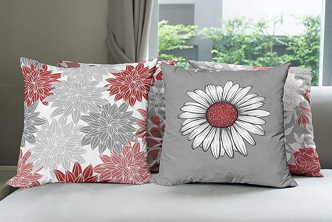 Ambesonne Floral Throw Pillow Cushion Case Pack of 4, Flower Petals Modern Color Palette Chamomile Peony Dahlia and Sunflower Print, Modern Accent Double-Sided Digital Printing, 24", Grey Dark Pink