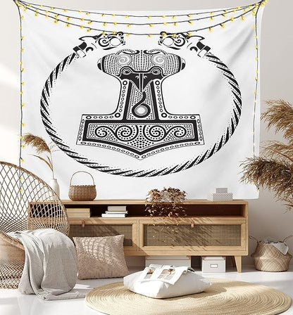 Lunarable Mjolnir Tapestry, Thor's Hammer with Scandinavian Folk Nordic Ornamental Art, Wall Hanging for Bedroom Living Room Dorm Decor, 60" X 80", White Charcoal