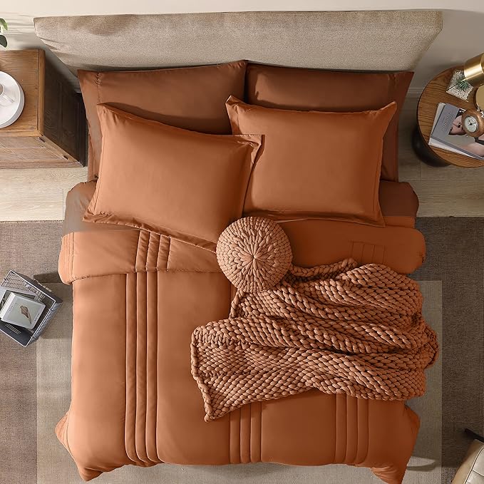 Monbix Oversized Queen Comforter Set - 7 Pieces Burnt Orange Bed in a Bag Queen Bedding Sets with Comforters, All Seasons Down Alternative Comforter Bed Set with Sheets,Pillowcases & Shams