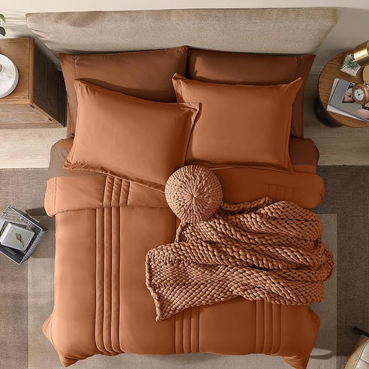 Monbix Full Comforter Set - 7 Pieces Burnt Orange Bed in a Bag Full Size Bedding Sets with Comforters, All Seasons Down Alternative Comforter with Sheets,Pillowcases & Shams
