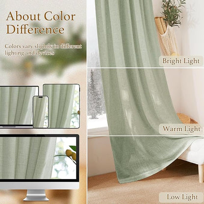 RYB HOME Thick Linen Curtains 102 inches Long, Wrinkle Resistance Semi Translucent Vertical Boho Linen Burlap for Living Room Kids Room Home Office, W 52 x L 102 inches, Sage Green, 2 Panels