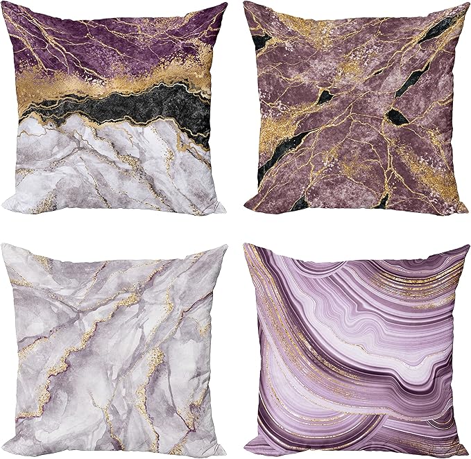 Ambesonne Marble Print Throw Pillow Cushion Case Pack of 4, Quartz Inspired Design of Stone Surface Look Print Modern Style Stained, Modern Accent Double-Sided Digital Printing, 24", Mauve Lilac Grey