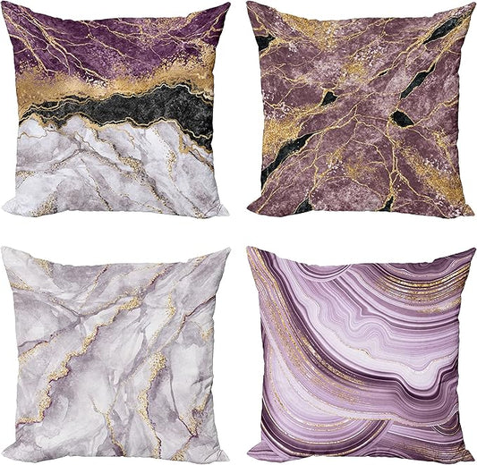 Ambesonne Marble Print Throw Pillow Cushion Case Pack of 4, Quartz Inspired Design of Stone Surface Look Print Modern Style Stained, Modern Accent Double-Sided Digital Printing, 24", Mauve Lilac Grey