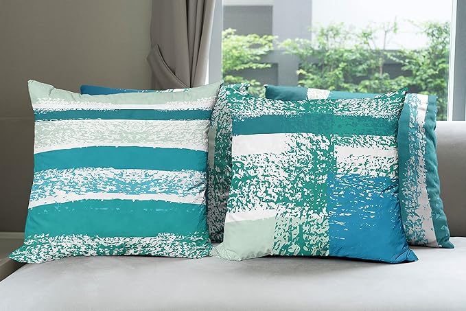 Ambesonne Grunge Throw Pillow Cushion Case Pack of 4, Abstract Design Simplistic Minimal Stripes Brushstrokes Contemporary, Modern Accent Double-Sided Digital Printing, 16", Teal Blue and Mint Green