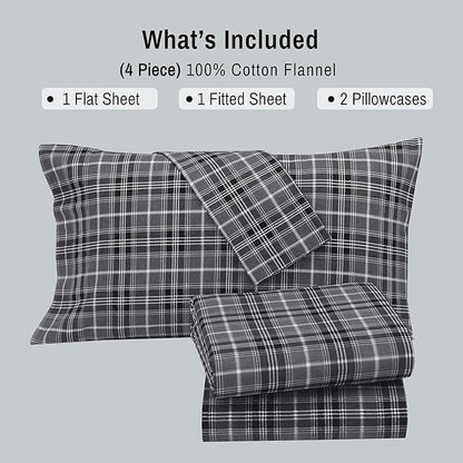 RUVANTI Flannel Sheets King Size - 100% Cotton Brushed King Size Sheets Set - Deep Pockets 16 Inches Bed Sheets - All Seasons Breathable & Extra Soft - Warm & Cozy, 4 Piece, Grey Plaid