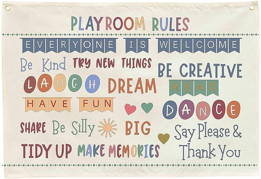 Sioial Playroom Kids Toddler Room Wall Decor, Play Room Rules Wall Decor for Kids Play Game Room Bedroom Nursery Home School Playroom Essentials,Canvas Hanging Banner Poster 28.5x20 Inch