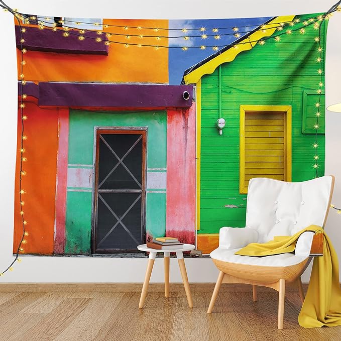Lunarable Mexican Tapestry Twin Size, Caribbean Houses in Vibrant Color Scheme in Isla Mujeres Mexico Latin America Photo, Wall Hanging Bedspread Bed Cover Wall Decor, Twin Size, Green Pink