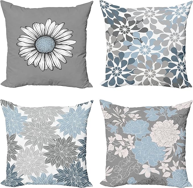 Ambesonne Floral Throw Pillow Cushion Case Pack of 4, Flower Petals Modern Color Palette Chamomile Peony Dahlia and Sunflower Print, Modern Accent Double-Sided Digital Printing, 20", Baby Blue Grey