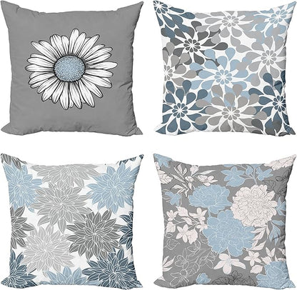 Ambesonne Floral Throw Pillow Cushion Case Pack of 4, Flower Petals Modern Color Palette Chamomile Peony Dahlia and Sunflower Print, Modern Accent Double-Sided Digital Printing, 20", Baby Blue Grey