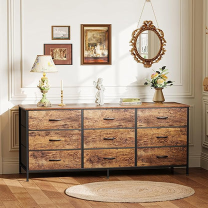 Huuger 9 Drawer Dresser, 55 Inch TV Stand for 55, 60 Inch TV, Entertainment Center with Drawers, Large Storage Fabric Dresser for Bedroom, Closet, Rustic Brown