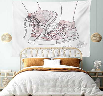 Lunarable Cartoon Tapestry King Size, Shoes with Floral Pattern Teenage Girls Sneakers Flowers Birds Retro Urban, Wall Hanging Bedspread Bed Cover Wall Decor, King Size, Rose White