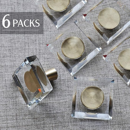 JEREVER 6 Pack Glass Crystal Knobs Brass Drawer Pull Cabinet Handle Gold Furniture Hardware for Dresser Kitchen (Square)