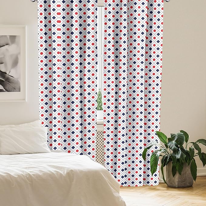 Ambesonne Abstract Window Curtains, Big Red Dots Squares and Dashed Lines Geometric Tile Print, Lightweight Decor 2-Panel Set with Rod Pocket, Pair of - 28" x 95", Dark Blue Navy