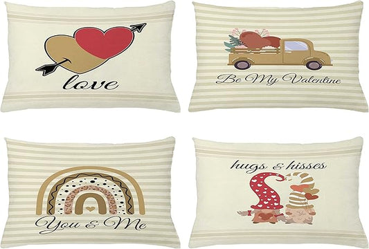 Ambesonne Romantic Throw Pillow CushiCase Pack 4, Love Hearts Arrow You Me Be My Valentine Hugs Kisses Lettering, Modern Accent Double-Sided Digital Printing, 20" x 12", Ivory Camel and Dark Pink