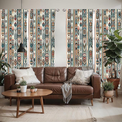 Ambesonne Ethnic Window Curtains Pack of 2, Folkloric Style Floral Ornaments with Bohemian Oriental Motifs as Stripes, Lightweight Set with Rod Pocket, 4 Panels of - 28" x 63", Teal Coral and Orange