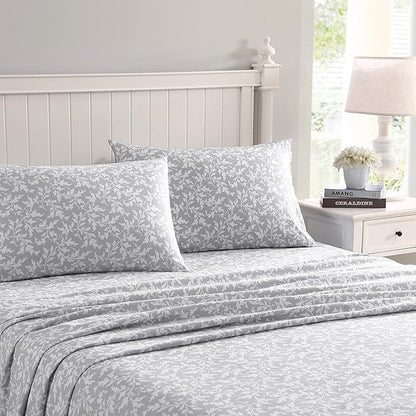 Laura Ashley - Flannel Sheets Full Size, Anti-Pilling & Wrinkle Resistant Cotton, Touchably Soft for All-Season Comfort - Bed Sheets with Matching Pillowcases & Fitted Sheet (Crestwood Pastel Grey)