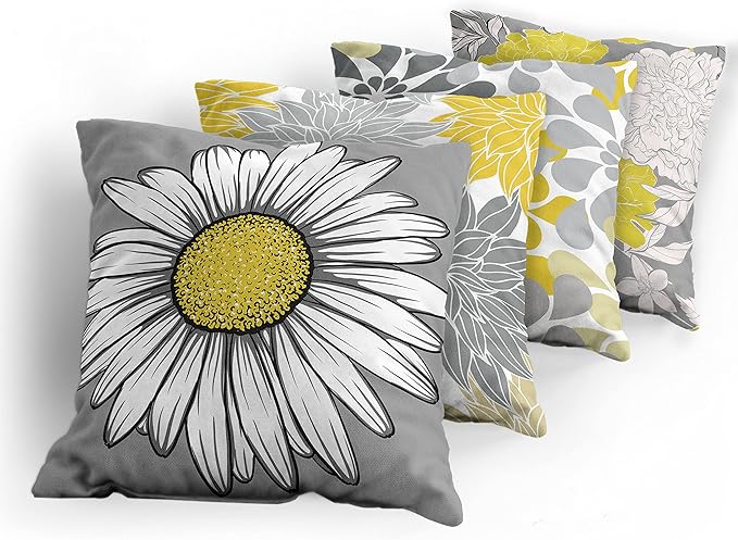 Ambesonne Floral Throw Pillow Cushion Case Pack of 4, Flower Petals Modern Color Palette Chamomile Peony Dahlia and Sunflower Print, Modern Accent Double-Sided Digital Printing, 16", Yellow and Grey
