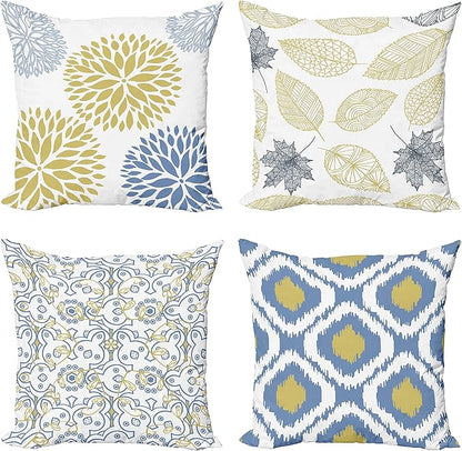 Ambesonne Vintage Throw Pillow Cushion Case Pack of 4, Bohemian Ornamental Leaves Dahlia Geometric Art Curlicue Motif, Modern Accent Double-Sided Digital Printing, 18", Mustard Dark Ceil Blue