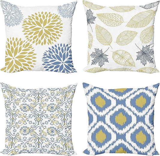Ambesonne Vintage Throw Pillow Cushion Case Pack of 4, Double-Sided Bohemian Leaves Dahlia Pattern Geometric Art Curlicue, Motif for Modern Home Accent Digital Printing, 20", Mustard Dark Ceil Blue