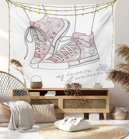 Lunarable Cartoon Tapestry, Shoes with Floral Pattern Teenage Girls Sneakers Flowers Birds Retro Urban, Wall Hanging for Bedroom Living Room Dorm Decor, 60" X 80", Rose White