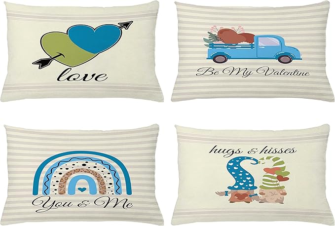 Ambesonne Romantic Throw Pillow CushiCase Pack 4, Love Hearts Arrow You Me Be My Valentine Hugs Kisses Lettering, Modern Accent Double-Sided Digital Printing, 20" x 12", Ivory Blue and Olive Green
