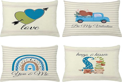 Ambesonne Romantic Throw Pillow CushiCase Pack 4, Love Hearts Arrow You Me Be My Valentine Hugs Kisses Lettering, Modern Accent Double-Sided Digital Printing, 20" x 12", Ivory Blue and Olive Green