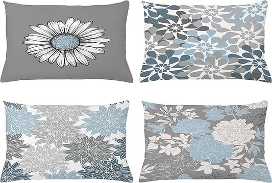 Ambesonne Floral Throw Pillow Cushion Case Pack of 4, Flower Petals Color Palette Chamomile Peony Dahlia and Sunflower Print, Modern Accent Double-Sided Digital Printing, 20" x 12", Baby Blue Grey
