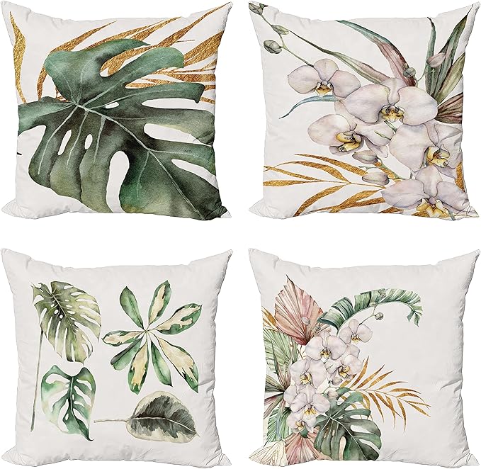 Ambesonne Vintage Tropical Throw Pillow Cushion Case Pack of 4, Retro Botanical Summer Vibes Monstera Leaf Orchid Flowers, Modern Accent Double-Sided Digital Printing, 16", Laurel Green Ginger Blush