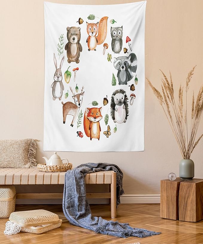 Lunarable Woodland Tapestry, Animals of The Forest Mushrooms Acorns Circular Frame Cartoon Pastel Colors, Wall Hanging for Bedroom Living Room Dorm Decor, 40" X 60", Multicolor
