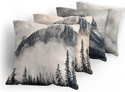 Ambesonne Mountain Throw Pillow Cushion Case Pack of 4, Misty Peaks and Hills Wild Nature Adventure Pine Forest Landscape, Modern Accent Double-Sided Digital Printing, 24", Eggshell Night