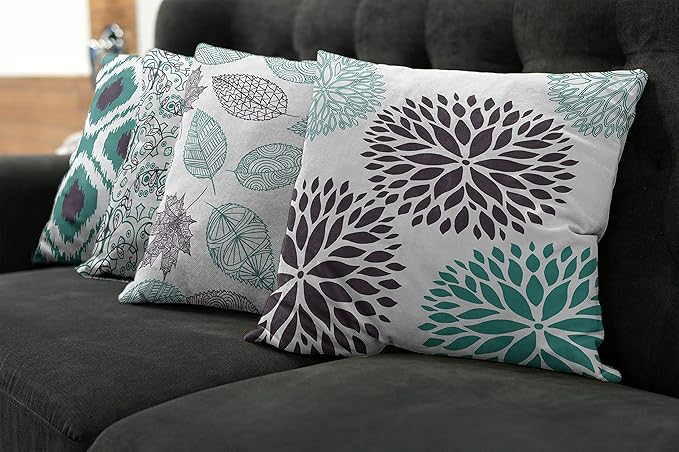 Ambesonne Vintage Throw Pillow Cushion Case Pack of 4, Bohemian Ornamental Leaves Dahlia Pattern Geometric Art Curlicue Motif, Modern Accent Double-Sided Digital Printing, 16", Teal Indigo and White