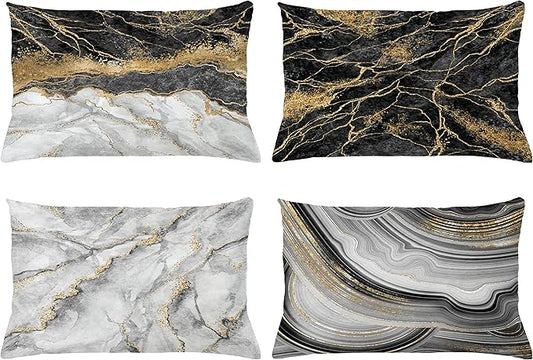 Ambesonne Marble Print Throw Pillow Cushion Case Pack of 4, Obsidian Ornaments Natural Stone Stains Veins Golden Yellow Tone, Modern Accent Double-Sided Printing, 20" x 12", Charcoal Grey Coconut