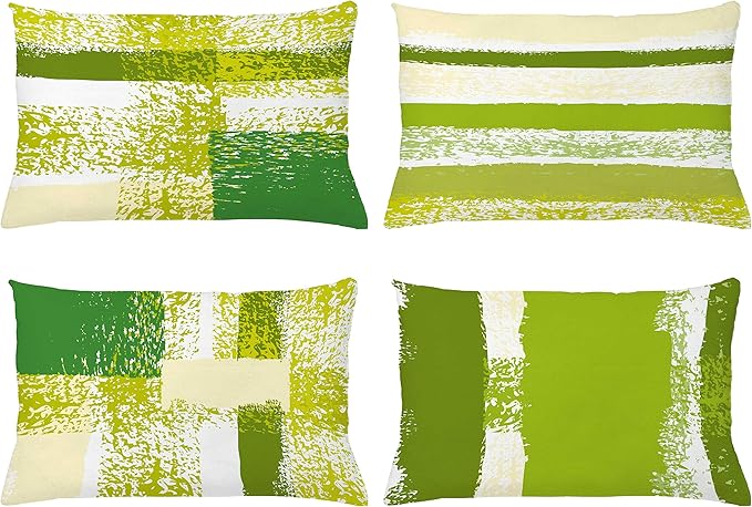 Ambesonne Grunge Throw Pillow CushiCase Pack 4, Abstract Design Simplistic Minimal Stripes Brushstrokes Contemporary, Modern Accent Double-Sided Digital Printing, 20" x 12", Lime Green Cream and White
