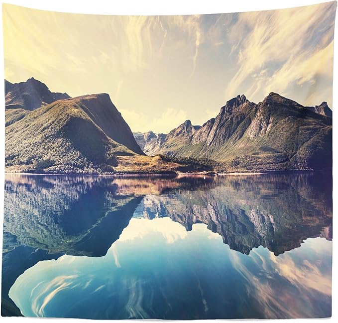 Lunarable Landscape Tapestry Queen Size, Norway Landscape Mountains Photography Scandinavian Tranquil Idyllic Elements, Wall Hanging Bedspread Bed Cover Wall Decor, 88" X 88", Multicolor