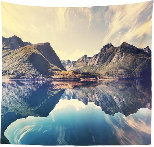 Lunarable Landscape Tapestry Queen Size, Norway Landscape Mountains Photography Scandinavian Tranquil Idyllic Elements, Wall Hanging Bedspread Bed Cover Wall Decor, 88" X 88", Multicolor
