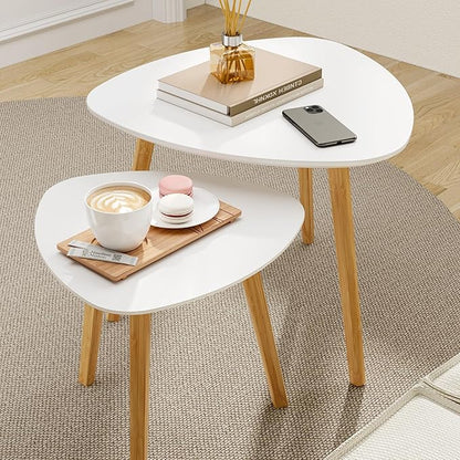 BAMEOS Bamboo Nesting Triangle End Table,Set of 2 Coffee Table Modern Minimalist Side Table for Living Room, Balcony in White
