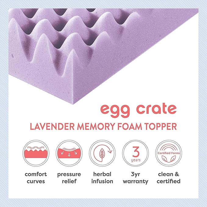 Best Price Mattress 4 Inch Egg Crate Memory Foam Mattress Topper with Soothing Lavender Infusion, CertiPUR-US Certified, Dorm Essentials, King