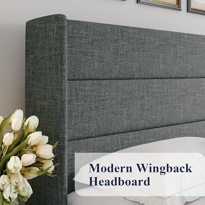 Allewie Full Size Lift Up Storage Bed, Modern Wingback Headboard, Hydraulic Support, No Box Spring Needed, Dark Grey