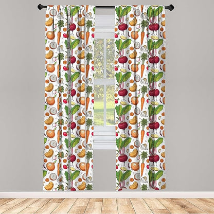 Ambesonne Vegetables 2 Panel Curtain Set, Continuous Pattern of Sketchy Painted Healthy Natural Tasty Food Illustration, Window Treatment Living Room Bedroom Decor, Pair of - 28" x 63", Green Orange