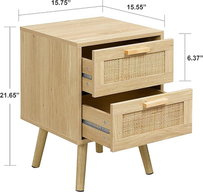 Finnhomy Nightstand, End Table, Side Table with 2 Hand Made Rattan Decorated Drawers, Wood Accent Table with Storage for Bedroom, Natural (Patented)