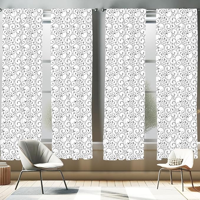 Ambesonne Black and White Window Curtains Pack of 2, Vintage Swirls Pattern with Monochrome Ornamental Old-Fashioned Design, Lightweight Set with Rod Pocket, 4 Panels of - 28" x 63", Black White