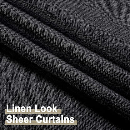 Aiyufeng Kirei Faux Linen Black Sheer Curtains 84 Inches Long 2 Panels, Light Filtering Slub Textured Breathable Rod Pocket Curtain Drapes for Farmhouse Living Room Bedroom, Each 40Wx84L Inch