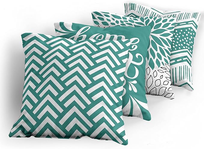 Ambesonne Geometric Throw Pillow Cushion Case Pack of 4, Home Phrase Minimal Zigzag Squama Dahlia Flower Petals Chevron Tribal, Modern Accent Double-Sided Digital Printing, 18", Dark Seafoam and White