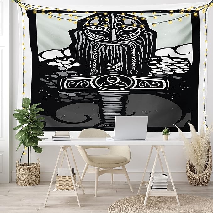 Lunarable Viking Tapestry King Size, Thor Son of Odin Monochrome Design Guardian of Asgard Scandinavian Culture, Wall Hanging Bedspread Bed Cover Wall Decor, King Size, Black White