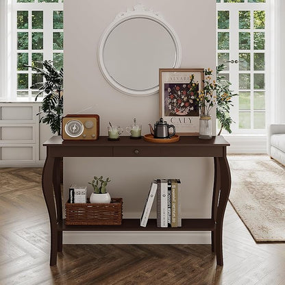 ChooChoo 47 Inch Narrow Console Table with Drawer, Chic Accent Sofa Entryway Table with Shelves for Entryway, Living Room, Hallway, Espresso