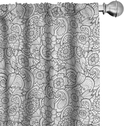 Ambesonne Black and White Window Curtains, Paisley Design with Sketch Style Flowers Leaves on Monochrome Background, Decor 2-Panel Set with Rod Pocket, Pair of - 28" x 84", White and Charcoal